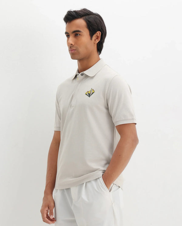 Rare Rabbit Men Palmer Beige Cotton Lycra Short Sleeve Snap Button and Zip Closure Plain With Chest Graphic Print Polo T-Shirt