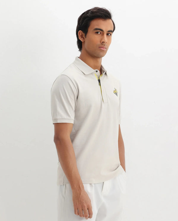 Rare Rabbit Men Palmer Beige Cotton Lycra Short Sleeve Snap Button and Zip Closure Plain With Chest Graphic Print Polo T-Shirt