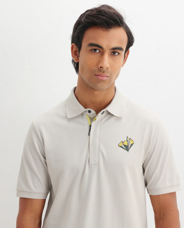 Rare Rabbit Men Palmer Beige Cotton Lycra Short Sleeve Snap Button and Zip Closure Plain With Chest Graphic Print Polo T-Shirt