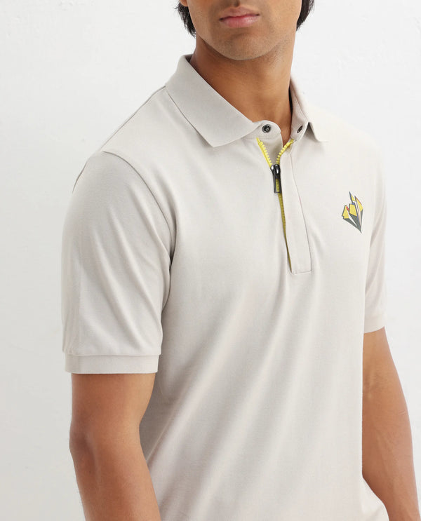 Rare Rabbit Men Palmer Beige Cotton Lycra Short Sleeve Snap Button and Zip Closure Plain With Chest Graphic Print Polo T-Shirt