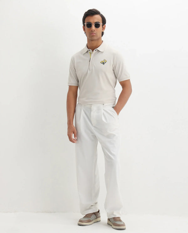 Rare Rabbit Men Palmer Beige Cotton Lycra Short Sleeve Snap Button and Zip Closure Plain With Chest Graphic Print Polo T-Shirt