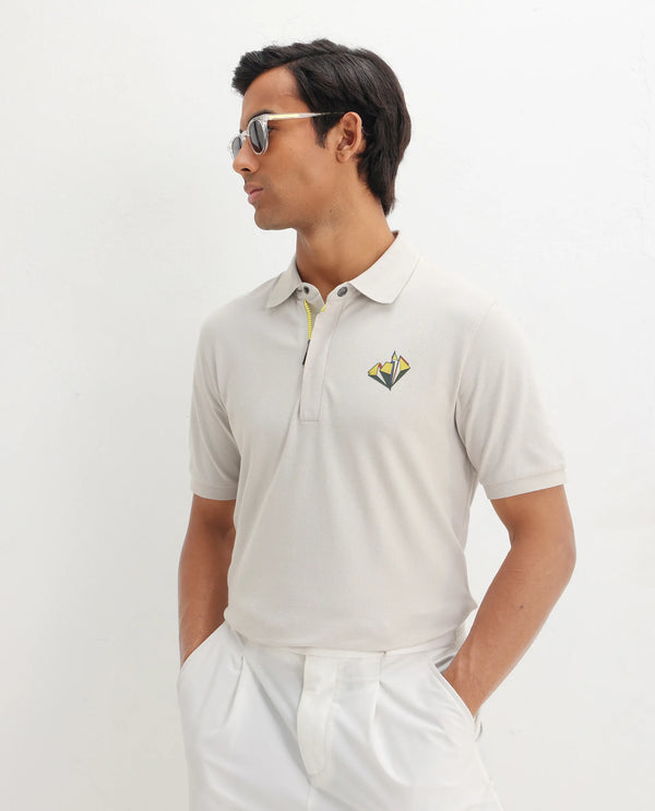 Rare Rabbit Men Palmer Beige Cotton Lycra Short Sleeve Snap Button and Zip Closure Plain With Chest Graphic Print Polo T-Shirt