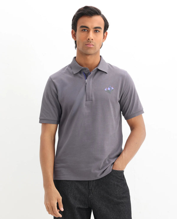 Rare Rabbit Men Palmer Dusky Grey Cotton Lycra Short Sleeve Snap Button and Zip Closure Plain With Chest Graphic Print Polo T-Shirt