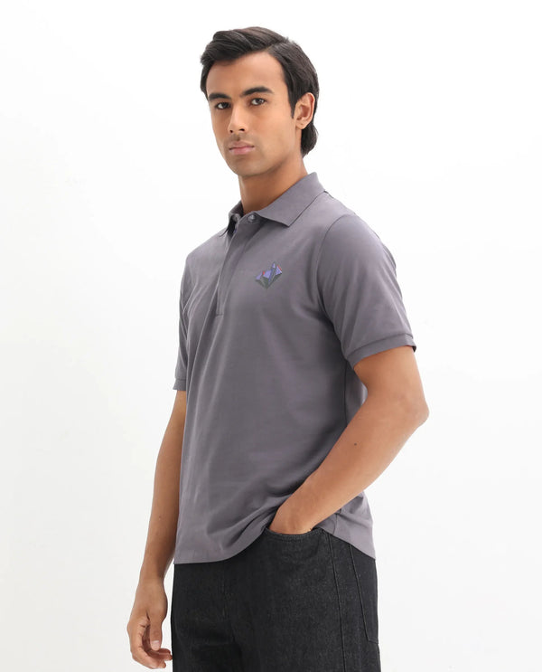 Rare Rabbit Men Palmer Dusky Grey Cotton Lycra Short Sleeve Snap Button and Zip Closure Plain With Chest Graphic Print Polo T-Shirt