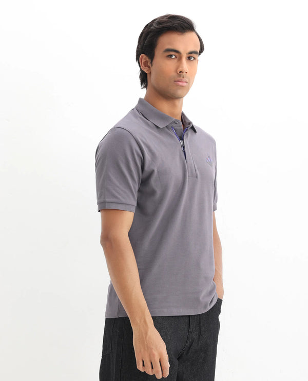 Rare Rabbit Men Palmer Dusky Grey Cotton Lycra Short Sleeve Snap Button and Zip Closure Plain With Chest Graphic Print Polo T-Shirt