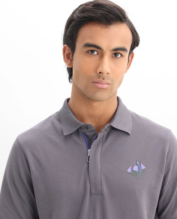 Rare Rabbit Men Palmer Dusky Grey Cotton Lycra Short Sleeve Snap Button and Zip Closure Plain With Chest Graphic Print Polo T-Shirt