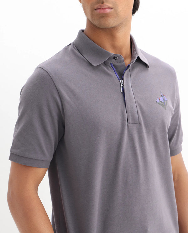 Rare Rabbit Men Palmer Dusky Grey Cotton Lycra Short Sleeve Snap Button and Zip Closure Plain With Chest Graphic Print Polo T-Shirt