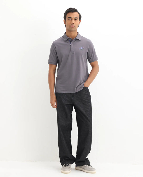 Rare Rabbit Men Palmer Dusky Grey Cotton Lycra Short Sleeve Snap Button and Zip Closure Plain With Chest Graphic Print Polo T-Shirt