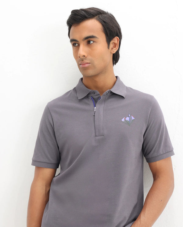 Rare Rabbit Men Palmer Dusky Grey Cotton Lycra Short Sleeve Snap Button and Zip Closure Plain With Chest Graphic Print Polo T-Shirt