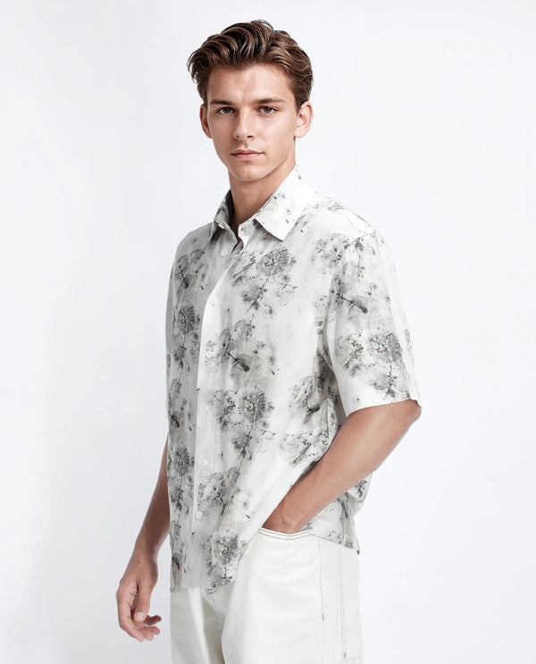 Rare Rabbit Men's Palmz White Cotton Fabric Short Sleeve Collared Neck Button Closure Floral Print Shirt