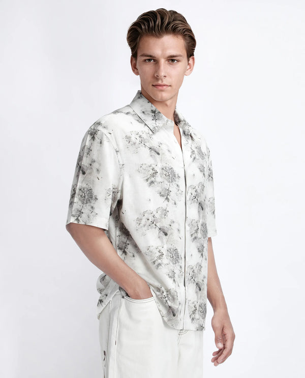 Rare Rabbit Men's Palmz White Cotton Fabric Short Sleeve Collared Neck Button Closure Floral Print Shirt