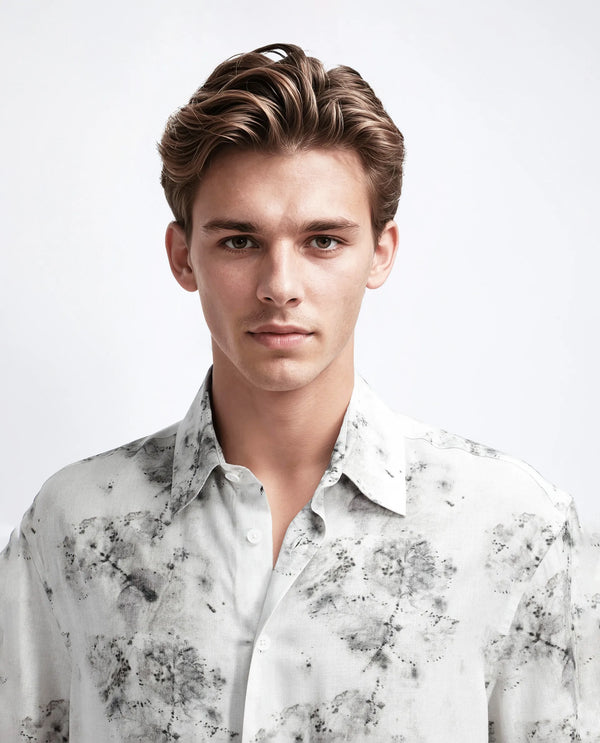Rare Rabbit Men's Palmz White Cotton Fabric Short Sleeve Collared Neck Button Closure Floral Print Shirt
