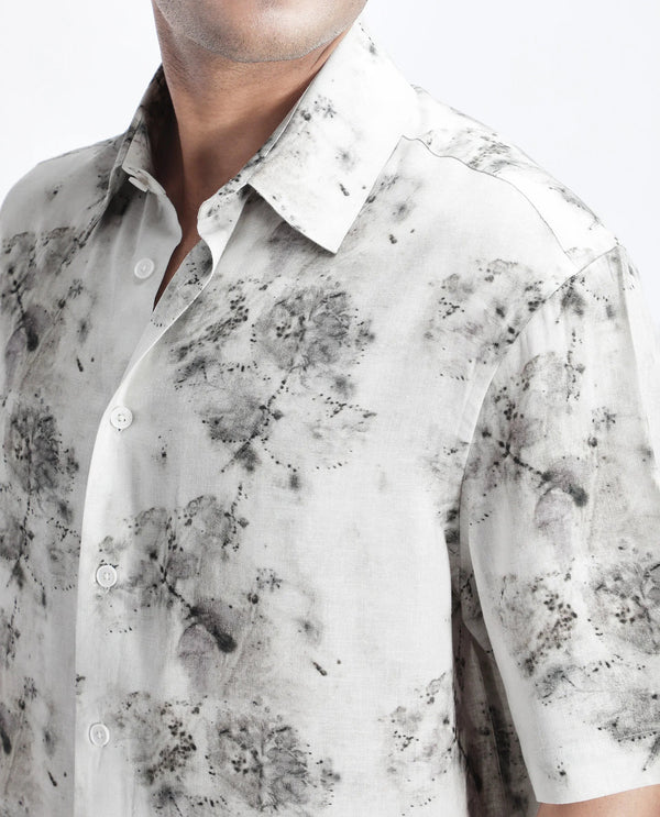 Rare Rabbit Men's Palmz White Cotton Fabric Short Sleeve Collared Neck Button Closure Floral Print Shirt