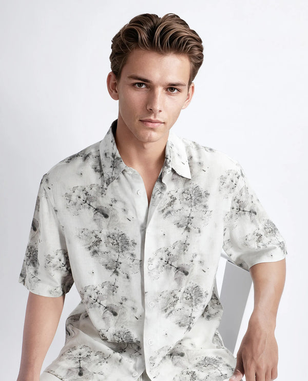 Rare Rabbit Men's Palmz White Cotton Fabric Short Sleeve Collared Neck Button Closure Floral Print Shirt