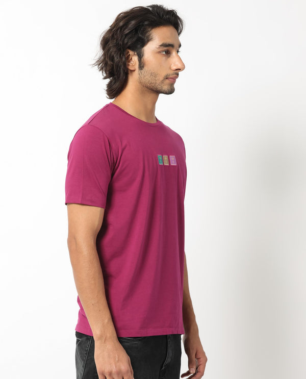 Rare Rabbit Men's Palp Dark Pink Crew Neck Half Sleeves Regular Fit Embroidered Logo Branding T-Shirt