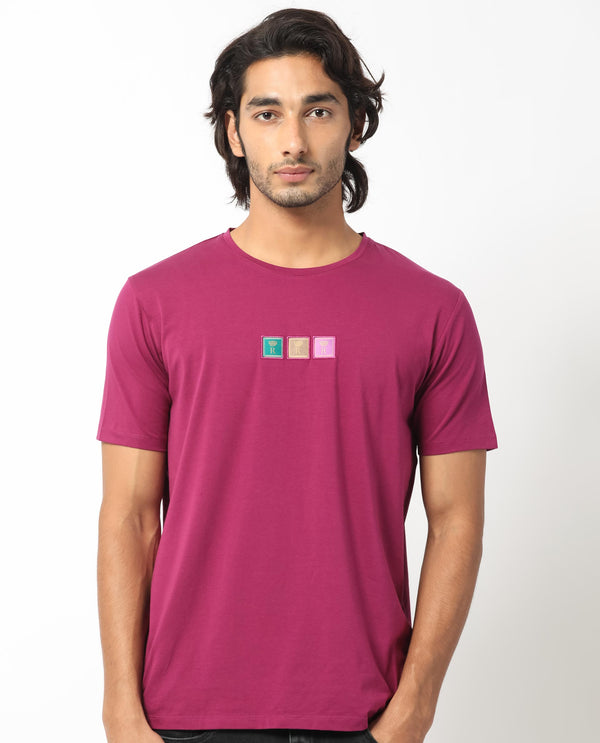 Rare Rabbit Men's Palp Dark Pink Crew Neck Half Sleeves Regular Fit Embroidered Logo Branding T-Shirt