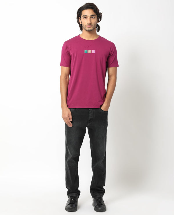 Rare Rabbit Men's Palp Dark Pink Crew Neck Half Sleeves Regular Fit Embroidered Logo Branding T-Shirt