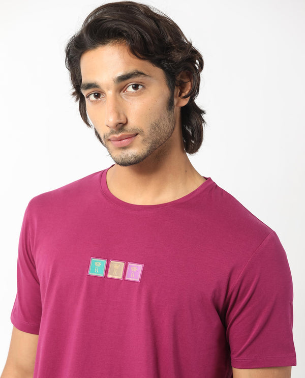 Rare Rabbit Men's Palp Dark Pink Crew Neck Half Sleeves Regular Fit Embroidered Logo Branding T-Shirt