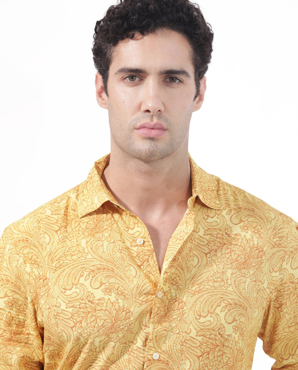 Rare Rabbit Men's Pamat Yellow Viscose Fabric Full Sleeves Paisley Print Shirt