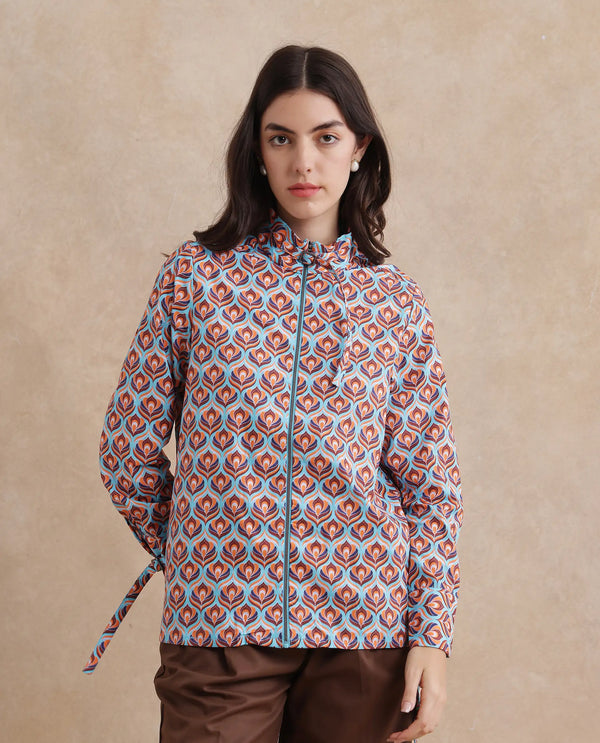 Rareism Women Panache Multi Cotton Fabric Cuffed Sleeve High Neck Zipper Closure Geometric Print Top