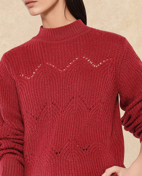 Rareism Women Pandora Maroon Relaxed Fit Plain Sweater