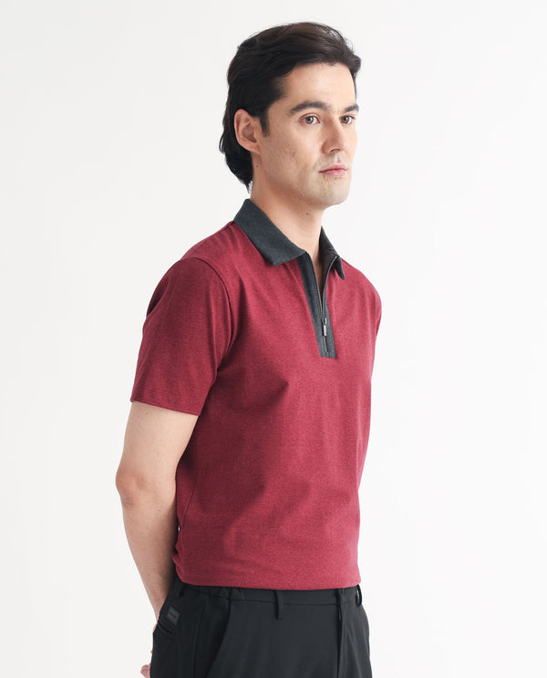 Rare Rabbit Men's Panel Dark Red Cotton Fabric Contrasting Collared Neck Zipper Closure Half Sleeve Melange Polo T-Shirt