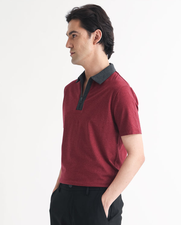 Rare Rabbit Men's Panel Dark Red Cotton Fabric Contrasting Collared Neck Zipper Closure Half Sleeve Melange Polo T-Shirt