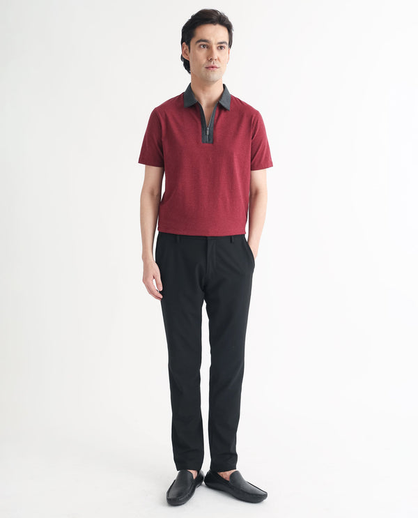 Rare Rabbit Men's Panel Dark Red Cotton Fabric Contrasting Collared Neck Zipper Closure Half Sleeve Melange Polo T-Shirt