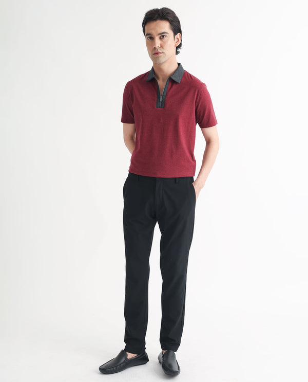 Rare Rabbit Men's Panel Dark Red Cotton Fabric Contrasting Collared Neck Zipper Closure Half Sleeve Melange Polo T-Shirt