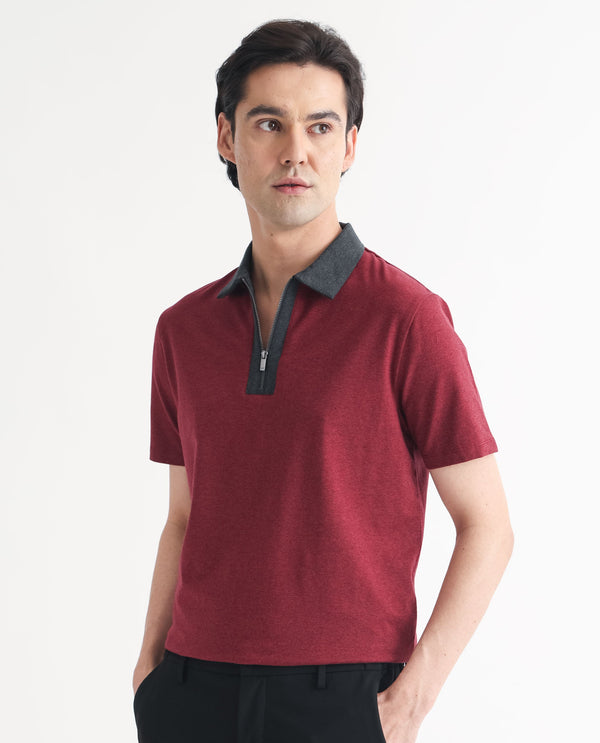 Rare Rabbit Men's Panel Dark Red Cotton Fabric Contrasting Collared Neck Zipper Closure Half Sleeve Melange Polo T-Shirt