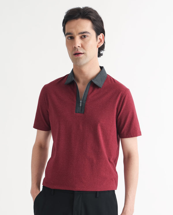 Rare Rabbit Men's Panel Dark Red Cotton Fabric Contrasting Collared Neck Zipper Closure Half Sleeve Melange Polo T-Shirt