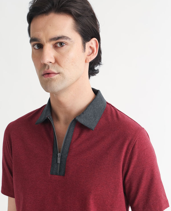 Rare Rabbit Men's Panel Dark Red Cotton Fabric Contrasting Collared Neck Zipper Closure Half Sleeve Melange Polo T-Shirt