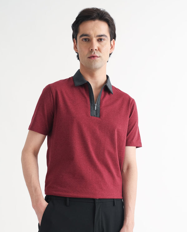 Rare Rabbit Men's Panel Dark Red Cotton Fabric Contrasting Collared Neck Zipper Closure Half Sleeve Melange Polo T-Shirt