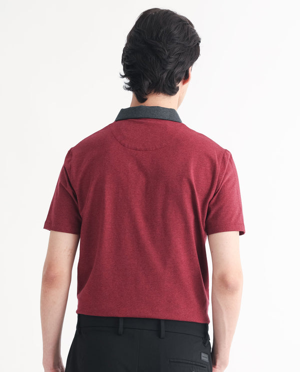 Rare Rabbit Men's Panel Dark Red Cotton Fabric Contrasting Collared Neck Zipper Closure Half Sleeve Melange Polo T-Shirt