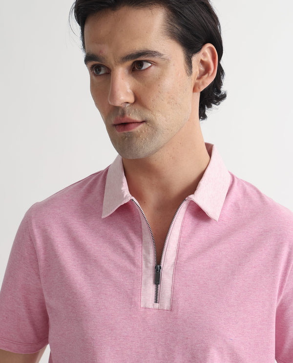 Rare Rabbit Men's Panel Pink Cotton Fabric Collared Neck Zipper Closure Half Sleeve Melange Polo T-Shirt