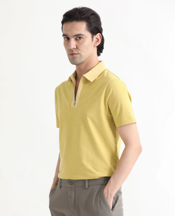 Rare Rabbit Men's Panel Yellow Cotton Fabric Collared Neck Zipper Closure Half Sleeves Melange Polo T-Shirt