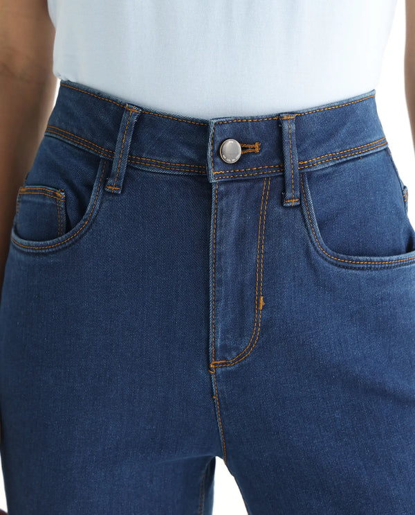 Rareism Women Pansy Navy Cotton Viscose Fabric Mid Rise Solid Slim Fit Ankle Length Jeans