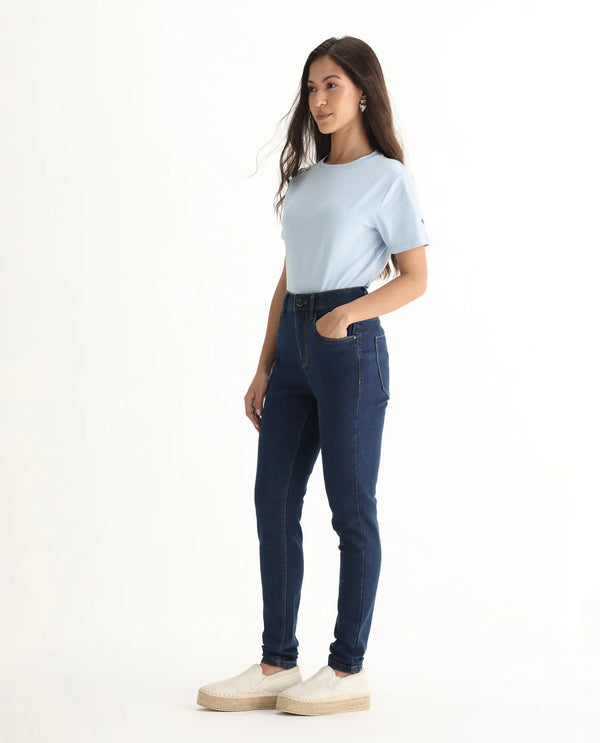 Rareism Women Pansy Navy Cotton Viscose Fabric Mid Rise Solid Slim Fit Ankle Length Jeans