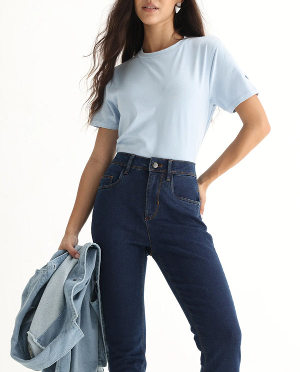Rareism Women Pansy Navy Cotton Viscose Fabric Mid Rise Solid Slim Fit Ankle Length Jeans