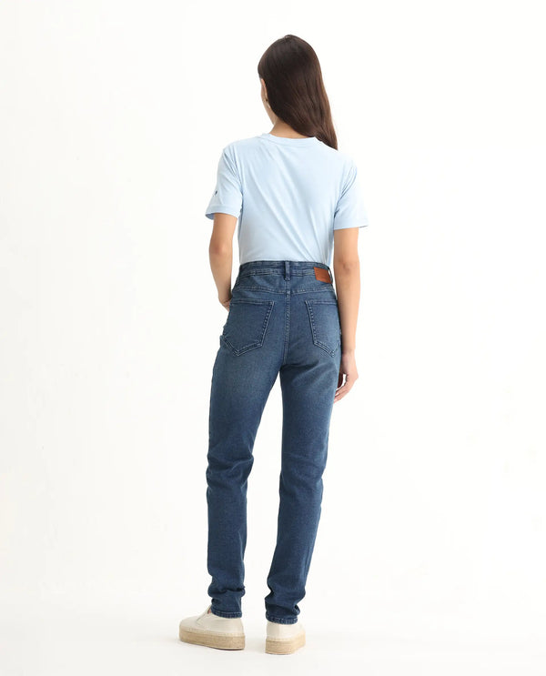 Rareism Women Pansy Navy Cotton Viscose Fabric Mid Rise Solid Slim Fit Ankle Length Jeans