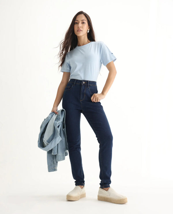Rareism Women Pansy Navy Cotton Viscose Fabric Mid Rise Solid Slim Fit Ankle Length Jeans