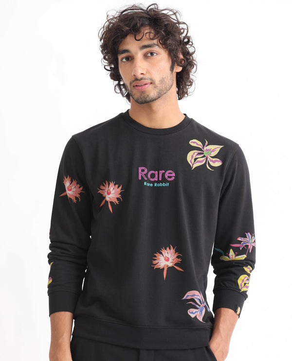 Rare Rabbit Men's Panton Black Cotton Polyester Terry Fabric Full Sleeves Floral Print Knitted Sweatshirt