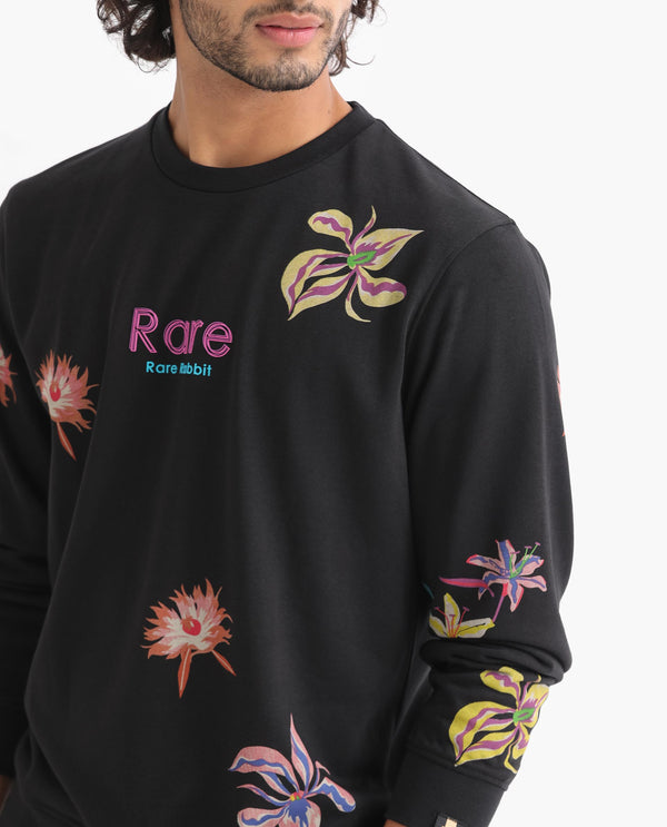 Rare Rabbit Men's Panton Black Cotton Polyester Terry Fabric Full Sleeves Floral Print Knitted Sweatshirt