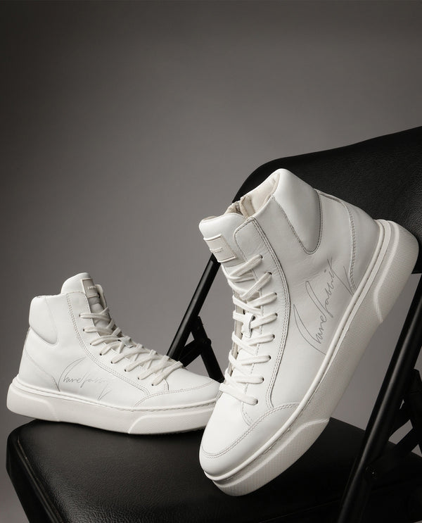 Rare Rabbit Men's Panzer White Leather Round Toe Derby Style Zip Closure High Top Sneaker Shoes