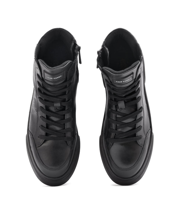 Rare Rabbit Men's Panzer Black Leather Round Toe Derby Style Zip Closure High Top Sneaker Shoes