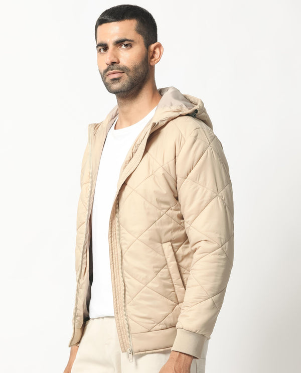 Rare Rabbit Men's Parco Dark Beige Diamond Quilted Hooded Puffer Jacket
