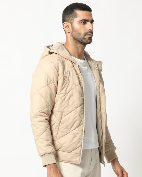 Rare Rabbit Men's Parco Dark Beige Diamond Quilted Hooded Puffer Jacket