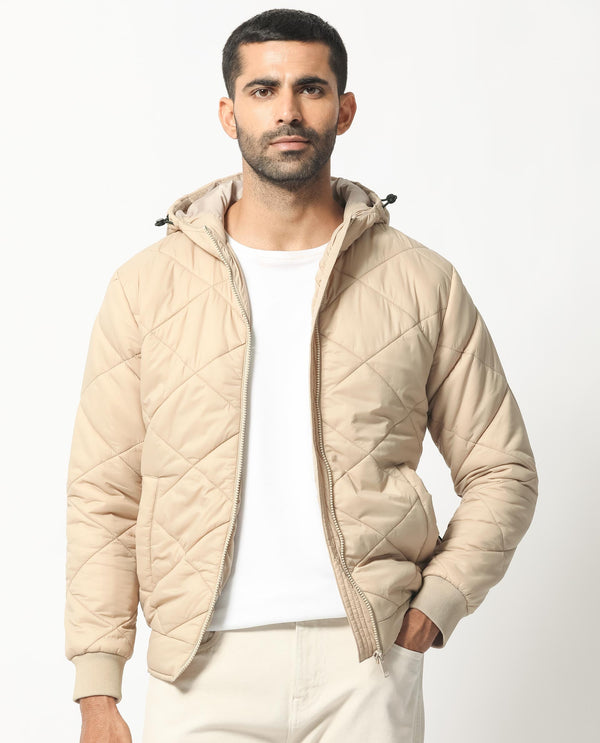 Rare Rabbit Men's Parco Dark Beige Diamond Quilted Hooded Puffer Jacket