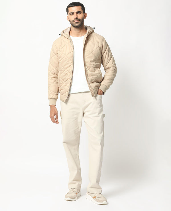 Rare Rabbit Men's Parco Dark Beige Diamond Quilted Hooded Puffer Jacket