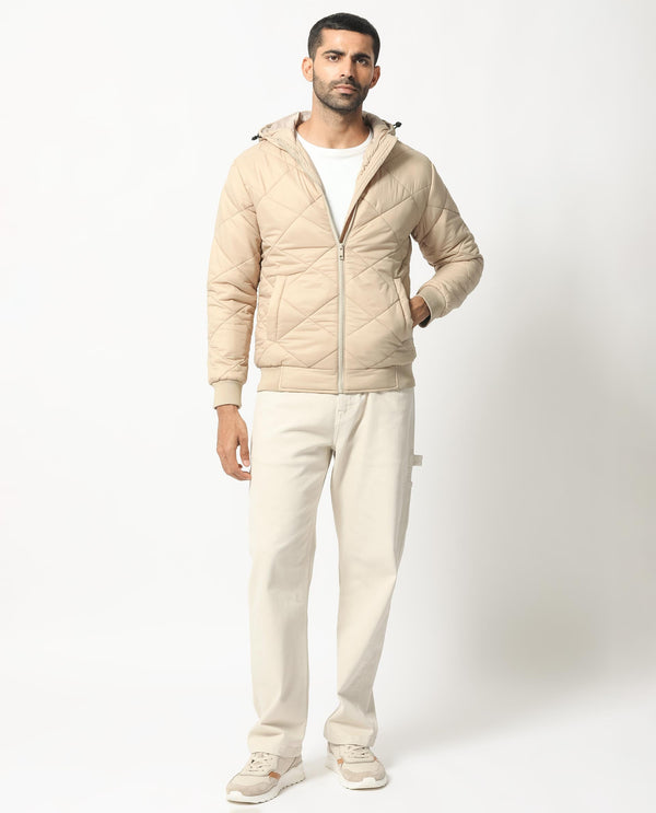 Rare Rabbit Men's Parco Dark Beige Diamond Quilted Hooded Puffer Jacket